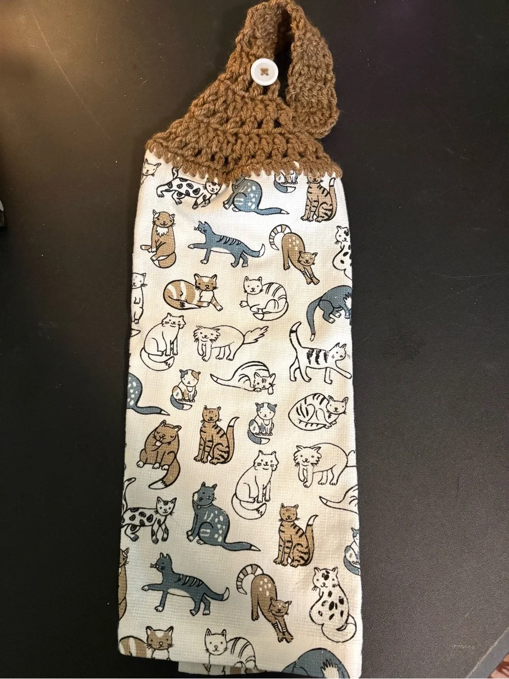 Handmade Brown & Cream Cat Print Hanging Towel - Pet Kitchen Accessory